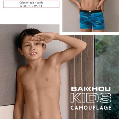 BÓXER DE NIÑO ALGODÓN Y LYCRA. ESTAMPADO CAMUFLADO. ELÁSTICO LISO NEGRO BAKHOU - Cod 4043