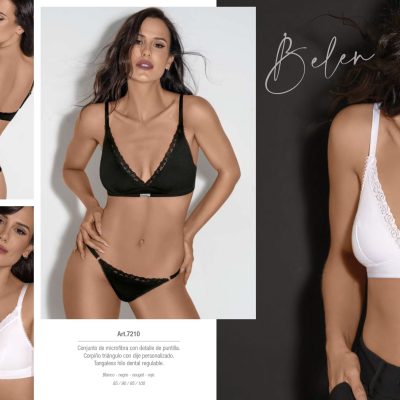 CONJUNTO DE MICROFIBRA CON DETALLE DE PUNTILLA. CORPIÑO TRIÁNGULO. TANGALESS HILO DENTAL REGULABLE BELEN - Cod 7210