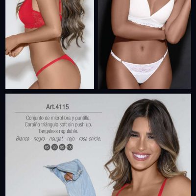 CONJUNTO DE MICROFIBRA Y PUNTILLA. CORPIÑO TRIÁNGULO SOFT SIN PUSH UP. TANGALESS REGULABLE. LARA - Cod 4115