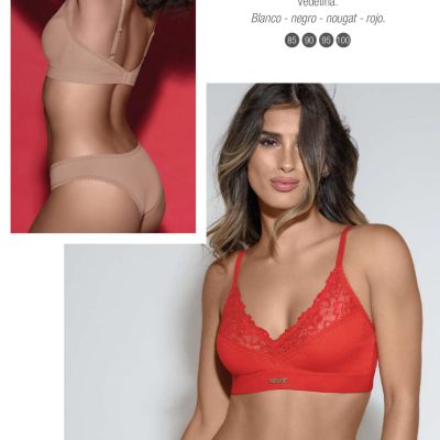 CONJUNTO DE ALGODÓN Y LYCRA. CORPIÑO TRIÁNGULO CON ESCOTE DE PUNTILLA Y DIJE PERSONALIZADO. VEDETINA. LARA - Cod 4178