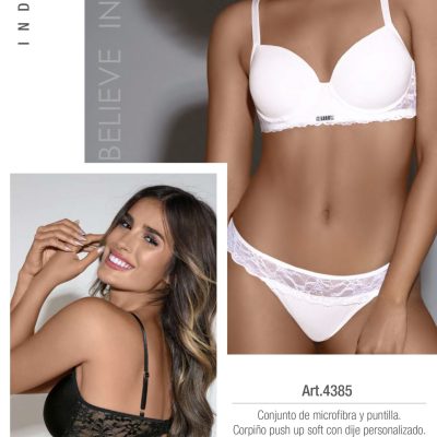 CONJUNTO DE MICROFIBRA Y PUNTILLA. CORPIÑO PUSH UP SOFT CON DIJE PERSONALIZADO. COLALESS. LARA - Cod 4385