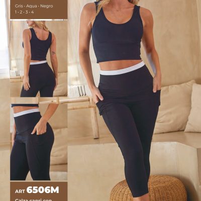 CALZA CAPRI CON BOLSILLOS Y CINTURA ALTA BITONO DE POLISAP MOZIONE - Cod 6506