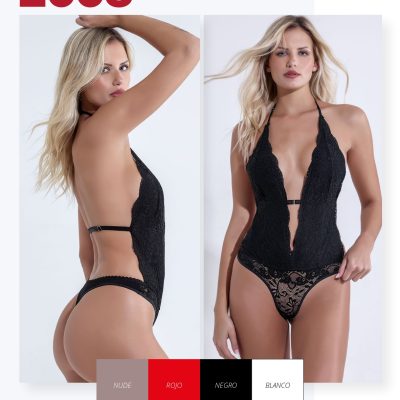 BODY DE PUNTILLA FORRADA DE MICROFIBRA LISA CON COLALESS SEXY LALI - Cod 2058