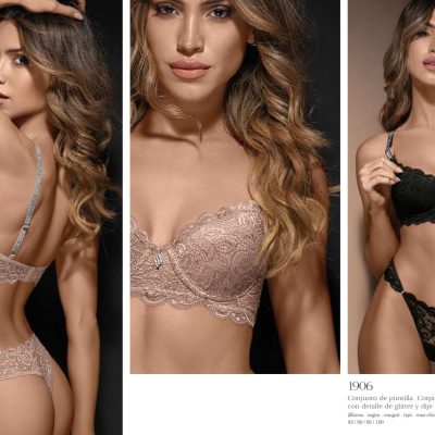 CONJUNTO DE PUNTILLA. CORPIÑO PUSH UP SOFT CON DETALLE DE GLITTER Y DIJE. COLALESS. SIGRY - Cod 1906