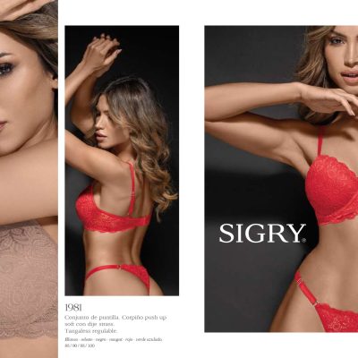 CONJUNTO DE PUNTILLA. CORPIÑO PUSH UP SOFT CON DIJE ROMBOIDE STRASS. TANGALESS. SIGRY - Cod 1981