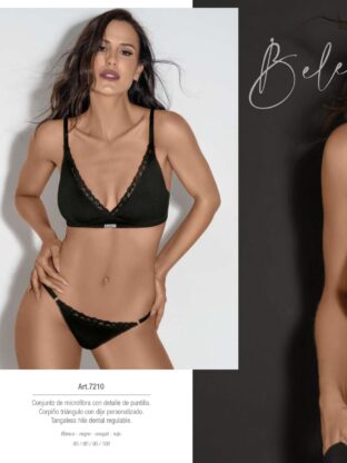 CONJUNTO DE MICROFIBRA CON DETALLE DE PUNTILLA. CORPIÑO TRIÁNGULO. TANGALESS HILO DENTAL REGULABLE BELEN - Cod 7210