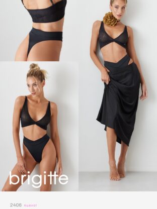 CONJUNTO TRIÁNGULO DE TUL Y LESS MICROFIBRA CON CINTURA DOBLE BRIGITTE - Cod 2406