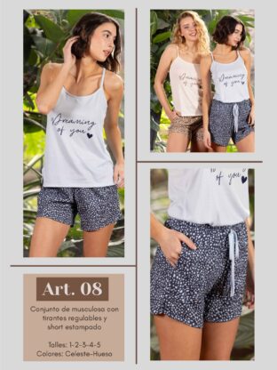 CONJUNTO DE MUSCULOSA CON TIRANTES REGULABLES Y SHORT ESTAMPADO FRASHE DREAMS - Cod 08