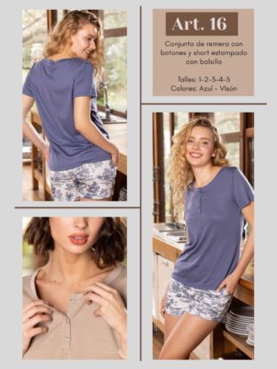 CONJUNTO DE REMERA CON BOTONES Y SHORT ESTAMPADO CON BOLSILLO FRASHE DREAMS - Cod 16