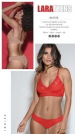 CONJUNTO DE ALGODÓN Y LYCRA. CORPIÑO TRIÁNGULO CON ESCOTE DE PUNTILLA Y DIJE PERSONALIZADO. VEDETINA. LARA - Cod 4178