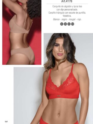 CONJUNTO DE ALGODÓN Y LYCRA. CORPIÑO TRIÁNGULO CON ESCOTE DE PUNTILLA Y DIJE PERSONALIZADO. VEDETINA. LARA - Cod 4178