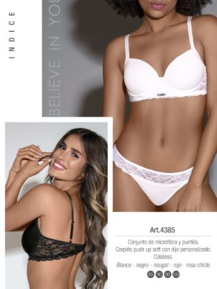 CONJUNTO DE MICROFIBRA Y PUNTILLA. CORPIÑO PUSH UP SOFT CON DIJE PERSONALIZADO. COLALESS. LARA - Cod 4385