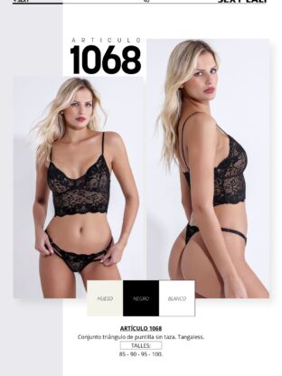 CONJUNTO TRIÁNGULO DE PUNTILLA SIN TAZA CON TANGALESS SEXY LALI - Cod 1068