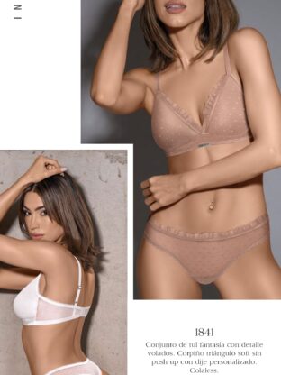 CONJUNTO DE TUL FANTASIA CON DETALLE VOLADOS. CORPIÑO TRIANGULO SOFT SIN PUSH UP CON DIJE PERSONALIZADO. COLALESS SIGRY