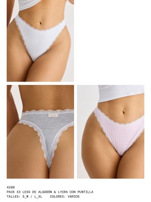 PACK X 3 LESS DE ALGODÓN Y LYCRA CON PUNTILLA BRIGITTE - Cod 4208