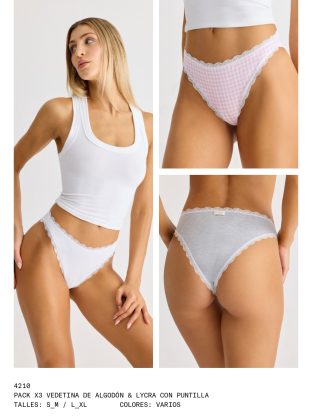PACK X 3 VEDETINA DE ALGODÓN Y LYCRA CON PUNTILLA BRIGITTE - Cod 4210