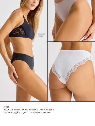 PACK X 3 VEDETINA DE MICROFIBRA CON PUNTILLA BRIGITTE - Cod 4316
