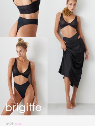 CONJUNTO TRIÁNGULO DE TUL Y LESS MICROFIBRA CON CINTURA DOBLE BRIGITTE - Cod 2406