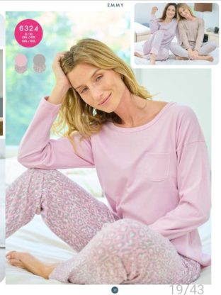 PIJAMA DE JERSEY VISCOSA. REMERA LISA Y PANTALÓN ESTAMPADO EMMY - Cod 6324
