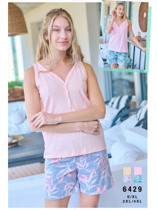 PIJAMA MUSCULOSA CON CARTERA, SHORT ESTAMPADO. JERSEY ALGODÓN LISO EMMY - Cod 6429