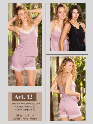 CONJUNTO DE MUSCULOSA CON TIRANTES REGULABLES Y SHORT CON PUNTILLA FRASHE DREAMS - Cod 12