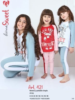 PIJAMA DE NIÑA REMERA Y PANTALÓN CHUPIN DE JERSEY DE ALGODÓN GEORGETTE - Cod 421
