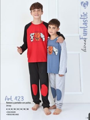 PIJAMA DE NIÑO REMERA Y PANTALÓN CON PUÑOS DE JERSEY DE ALGODÓN GEORGETTE - Cod 423