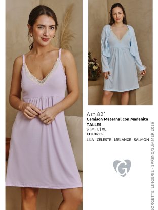 CAMISÓN MATERNAL CON MAÑANITA DE ALGODÓN GEORGETTE - Cod 821
