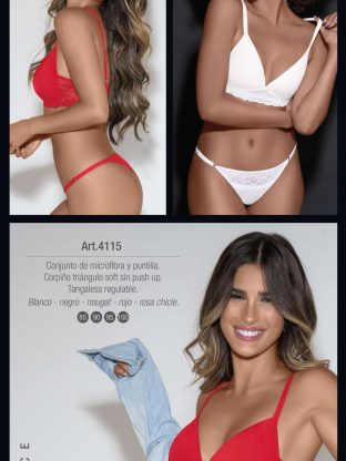CONJUNTO DE MICROFIBRA Y PUNTILLA. CORPIÑO TRIÁNGULO SOFT SIN PUSH UP. TANGALESS REGULABLE. LARA - Cod 4115
