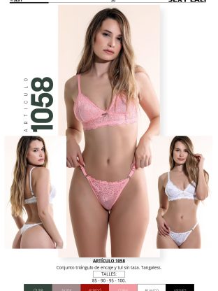 CONJUNTO TRIÁNGULO DE ENCAJE Y TUL SIN TAZA CON COLALESS SEXY LALI - Cod 1058