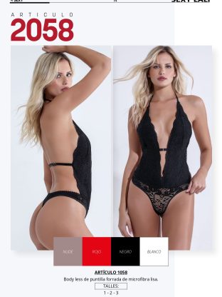 BODY DE PUNTILLA FORRADA DE MICROFIBRA LISA CON COLALESS SEXY LALI - Cod 2058