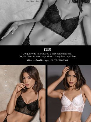 CONJUNTO DE TUL BORDADO Y DIJE PERSONALIZADO. CORPIÑO SOFT SIN PUSH UP. TANGALESS REGULABLE SIGRY - Cod 1305