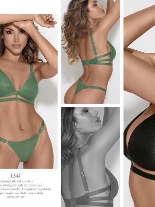 CONJUNTO DE TUL FANTASÍA. CORPIÑO TRIANGULO SOFT SIN PUSH UP CON DETALLE DE CINTA RAZADA. TANGALESS REGULABLE SIGRY - Cod 1341