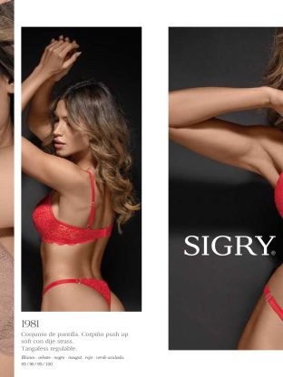 CONJUNTO DE PUNTILLA. CORPIÑO PUSH UP SOFT CON DIJE ROMBOIDE STRASS. TANGALESS. SIGRY - Cod 1981