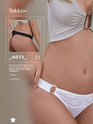 PACK X 2 TANGALESS REGULABLE DE PUNTILLA Y PLUMETI CON BRETEL ANCHO DE 30 MM Y ARGOLLA TAKKI - Cod 4072