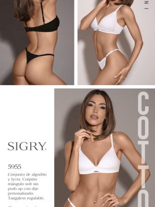 CONJUNTO DE ALGODON Y LYCRA. CORPIÑO TRIANGULO SOFT SIN PUSH UP CON DIJE PERSONALIZADO. TANGALESS REGULABLE SIGRY - Cod 5955